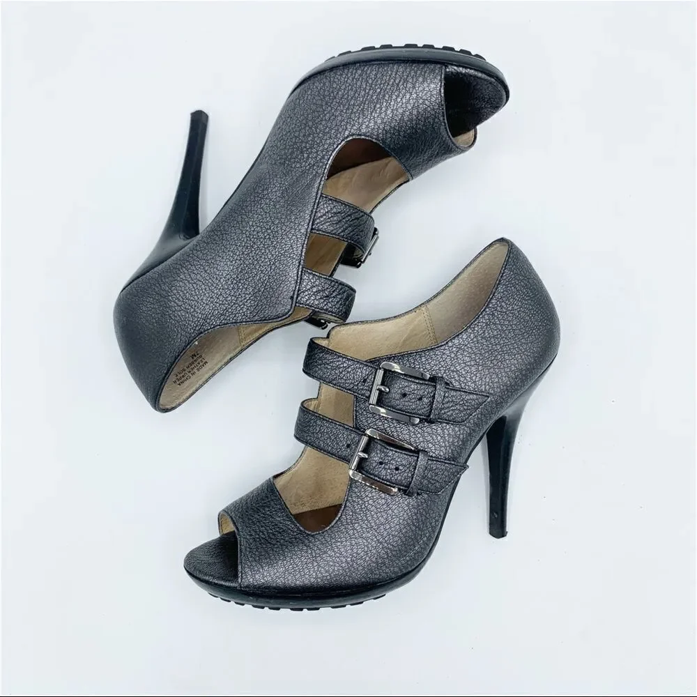 Michael Kors Webster Peep Toe Platform Metallic Pewter‎ Pebbled Leather